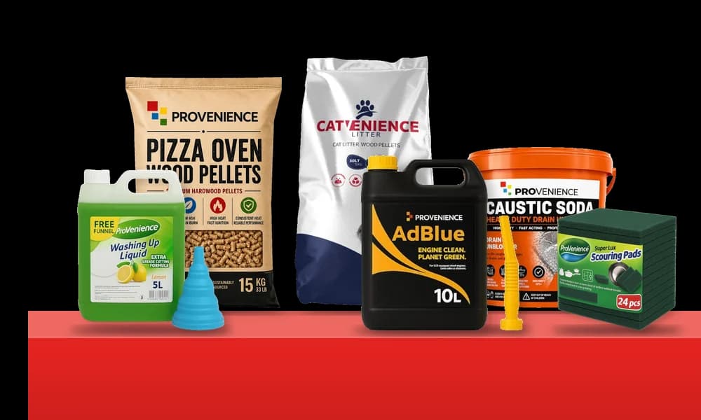 Bulk sizes of pellets, cat litter, caustic soda, washing-up liquid, AdBlue and scouring pads on a red block